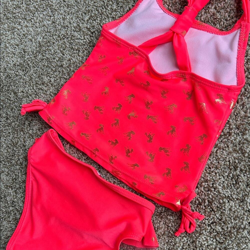 Kids 2 Piece Bright Coral Colored Unicorn Tankini, Size 18 Months - Picture 3 of 6